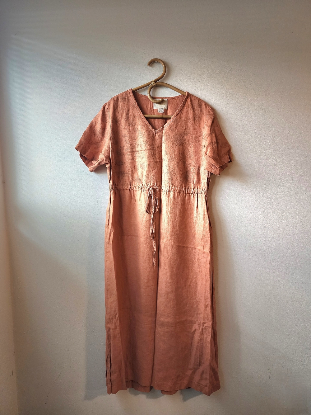 Botanical Blush-Rust Linen Midi Dress with Tie Waist
